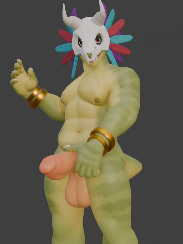 Witch doctor with a thumb pressing down his dick and he has his other hand palm facing camera. He is looking at you wit a smile :D