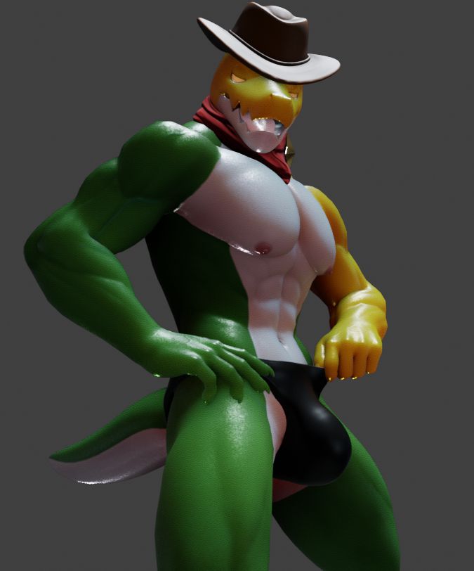 Gummigoo looking at the camera with a hand on his hip slightly pulling at his thong with his other hand. 