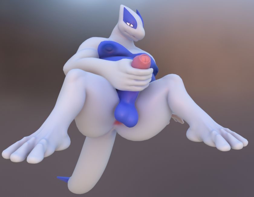 Lugia legs spread with his hand gripped around his… shaft 