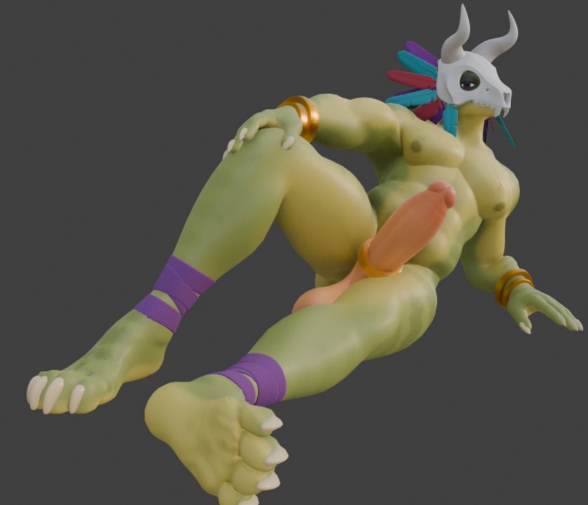 Witch doctor laying down propping himself up with his left arm and his right hand on his knee. One leg is spread and the other is flat with the floor.