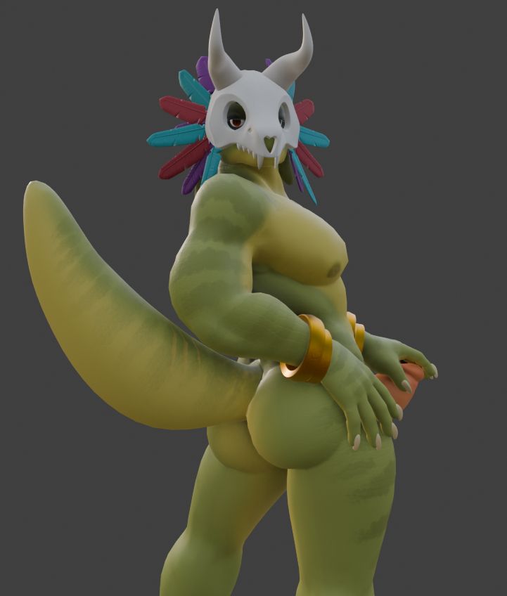 Witch doctor with his hand on his hip and the other gently cupped over the head of his… dick… his body twisted to look at the viewer. His butt is… nice 