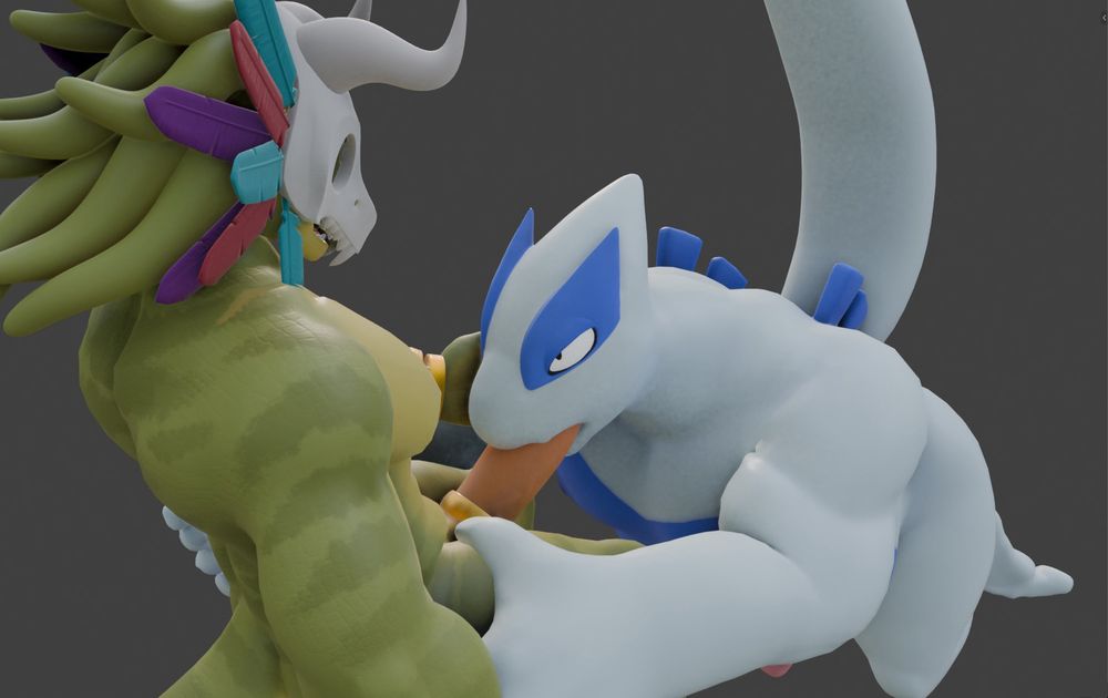 Lugia on his knees with his mouth around with doctors… dick. One hand his gripping his thighs and the other around his waist. Lugia is looking at witch doctor 