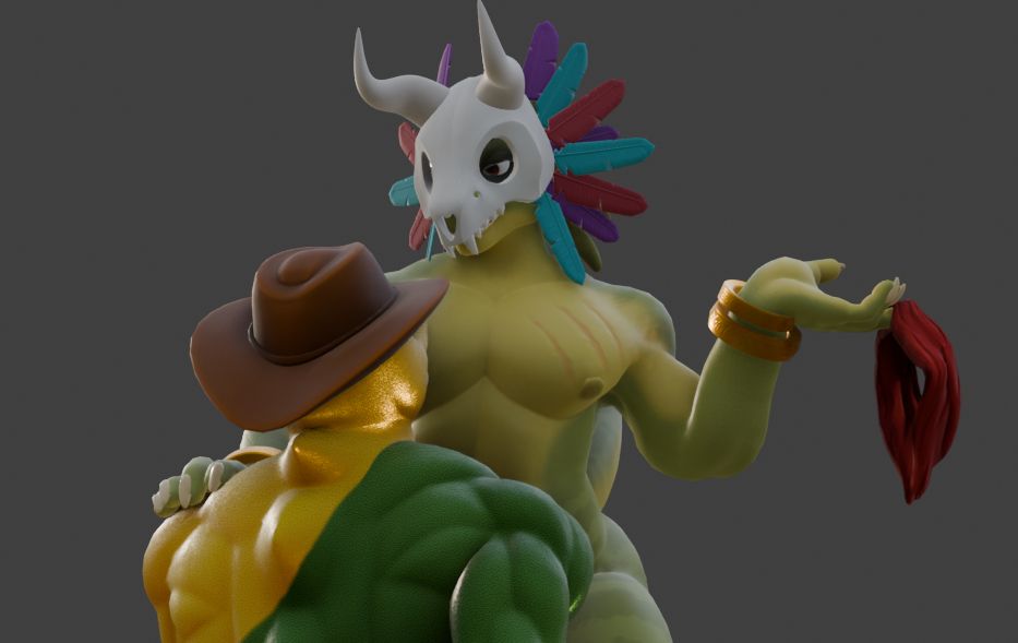 Witch doctor standing in front of a sitting Gummigoo. Witch doctor had his right hand on Gummigoo’s shoulder and his other hand is holding Gummigoo’s scarf.