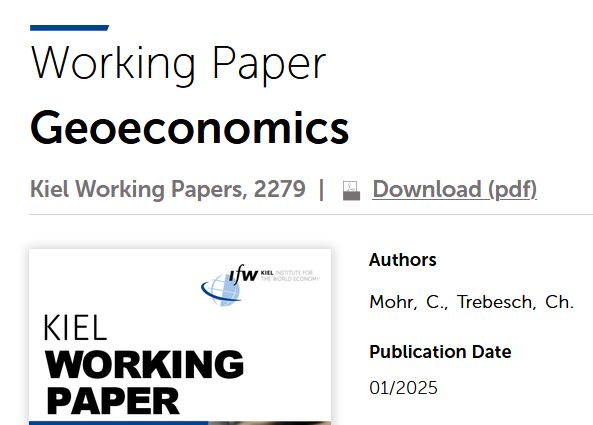 Screenshot of Kiel Working Paper 2279, titled "Geoeconomics", written by Cathrin Mohr and Christoph Trebesch, published in January 2025.