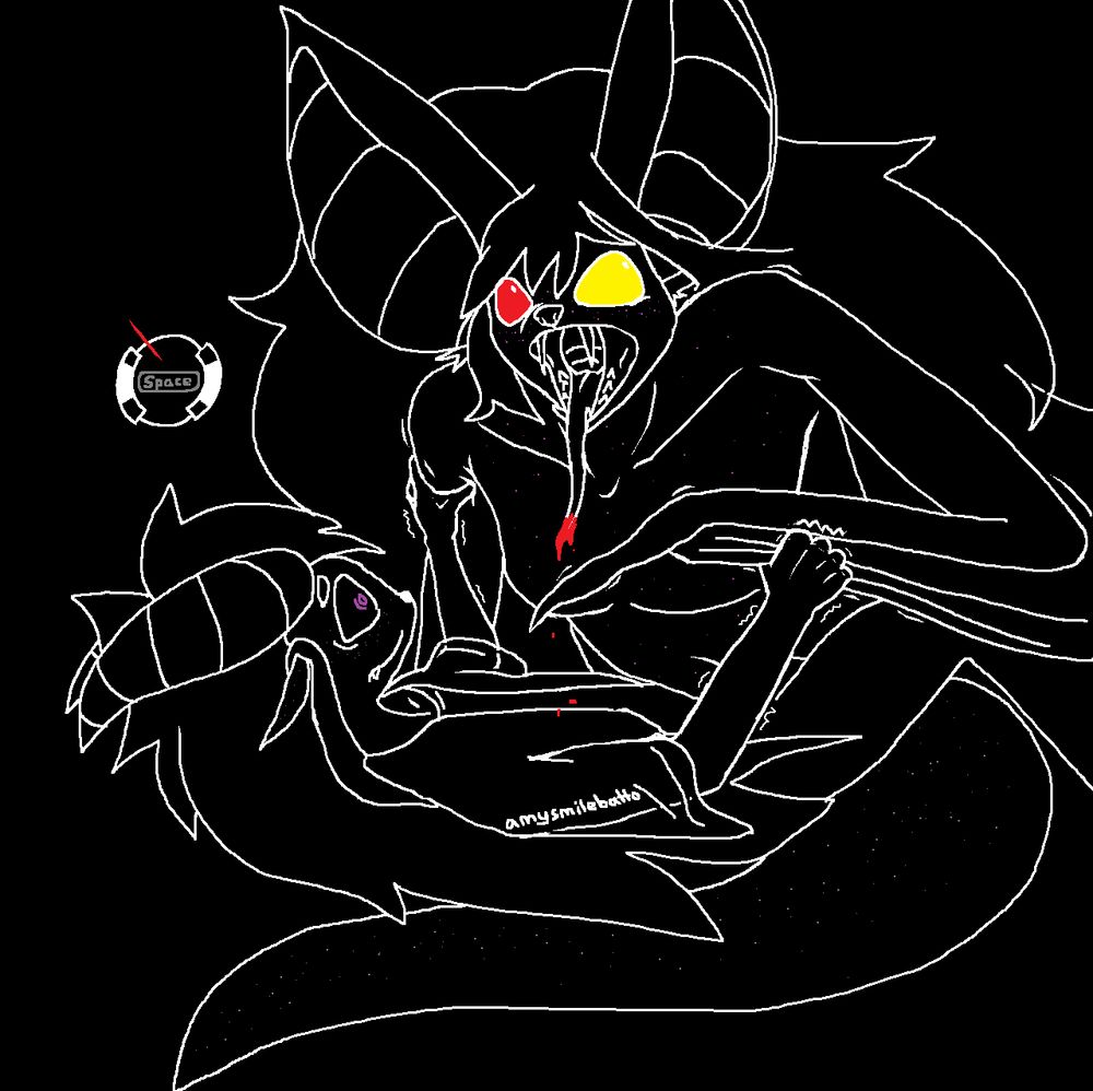 Zarin is pinned under a very large Amity, struggling to hold her off of him as she screams in his face. Her tongue is tipped with blood (from someone else) that is dripping on Zarin's chest. Amity is trying to stab him with her clawed thumb, but Zarin is performing a skill check to hold her wing and therefore her arm away from himself.