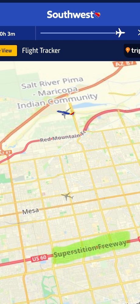 Flight tracker map of Phoenix, AZ showing “Superstition Freeway”
