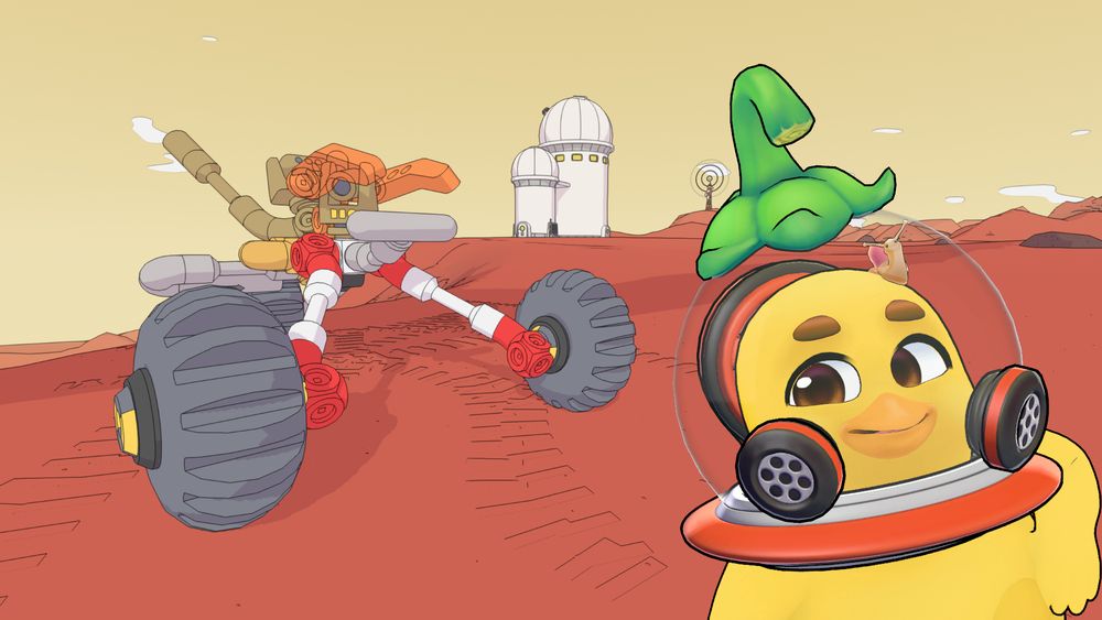 Vel Pepper with a space helmet poses, smiling proudly, in front of her martian rover in the game Mars First Logistics. An observatory is visible in the distance of the martian landscape.
