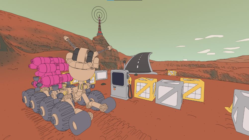 Vel's Snail rover poses for the camera by a gas outpost in Mars First Logistics, the martian landscape in the background featuring a highway and radio tower.