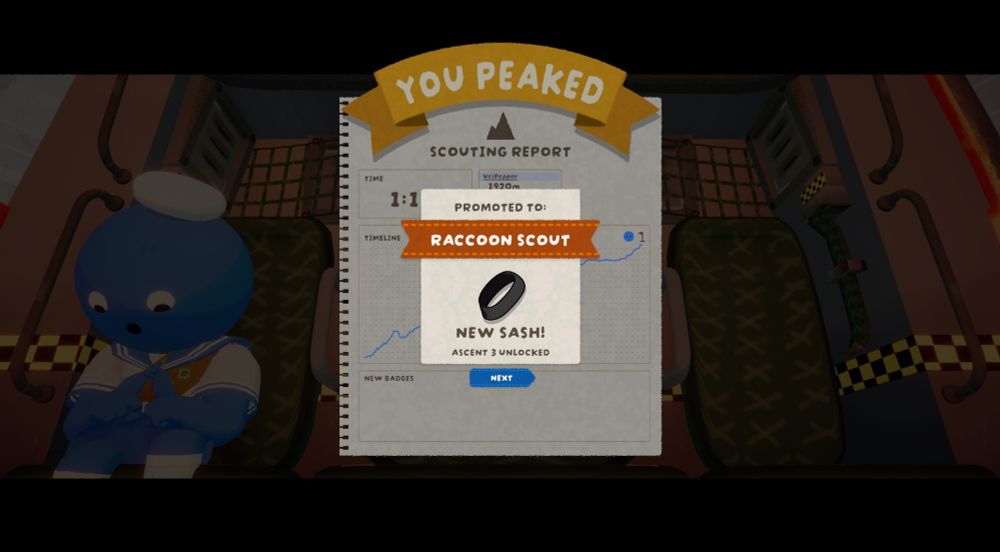 Vel's scoreboard at the end of her solo Peak run, in which she reached the top in approximately 1:19, in Ascent 2 difficulty. The image displays the rank promotion to Raccoon Scout.