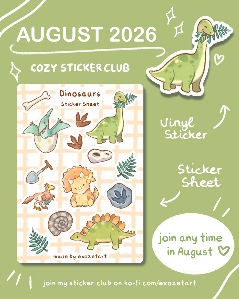 Sticker sheet with the theme “dinosaurs” on a green background. It shows a Pterandon, a brachiosaurus, a triceratops, a stegosaurus, footprints, ammonite, fern, bones, shovel and an archaeopteryx.