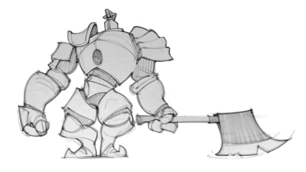 b/w iron golem drawing, even tho his armor is bulky and asymmetrical, the shapes are very flowy, less sharp angles and straights, the back leans backward and the pelvis is pushed forward, his armored up hands follow that S shape as well, keeps his huge axe to the side resting on the ground. i removed his faulds as they break the silhouette too much in this pose, more reason to showcase his thicc thighs