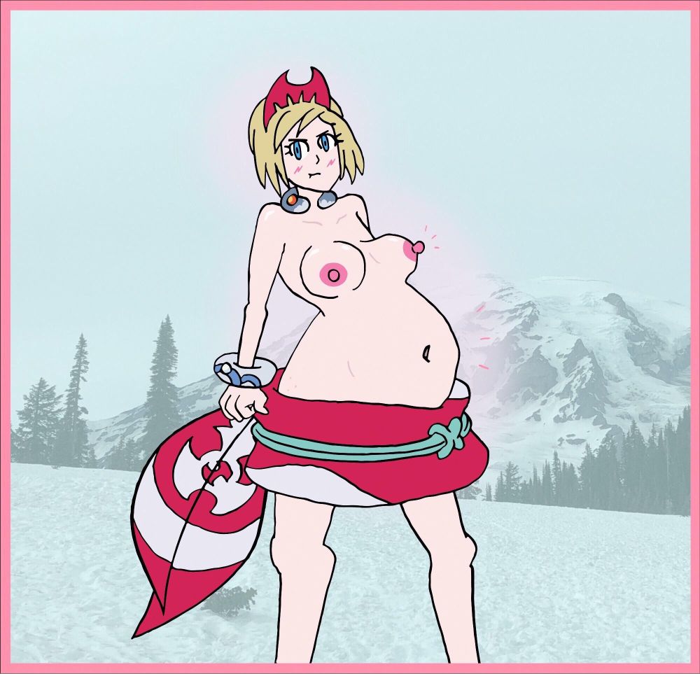 Topless art of Irida from Pokémon, looking rather embarrassed with her bare breasts and belly considerably enlarged 