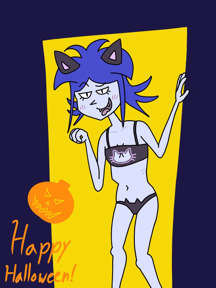 NSFW art of my vampire girl Lyla wearing a skimpy cat keyhole outfit. She is standing in a doorway, curling one hand like a paw, and sticking her tongue out salaciously.