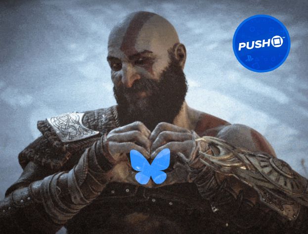 Kratos (God of War) making a heart shape with his hands holding a Bluesky logo.