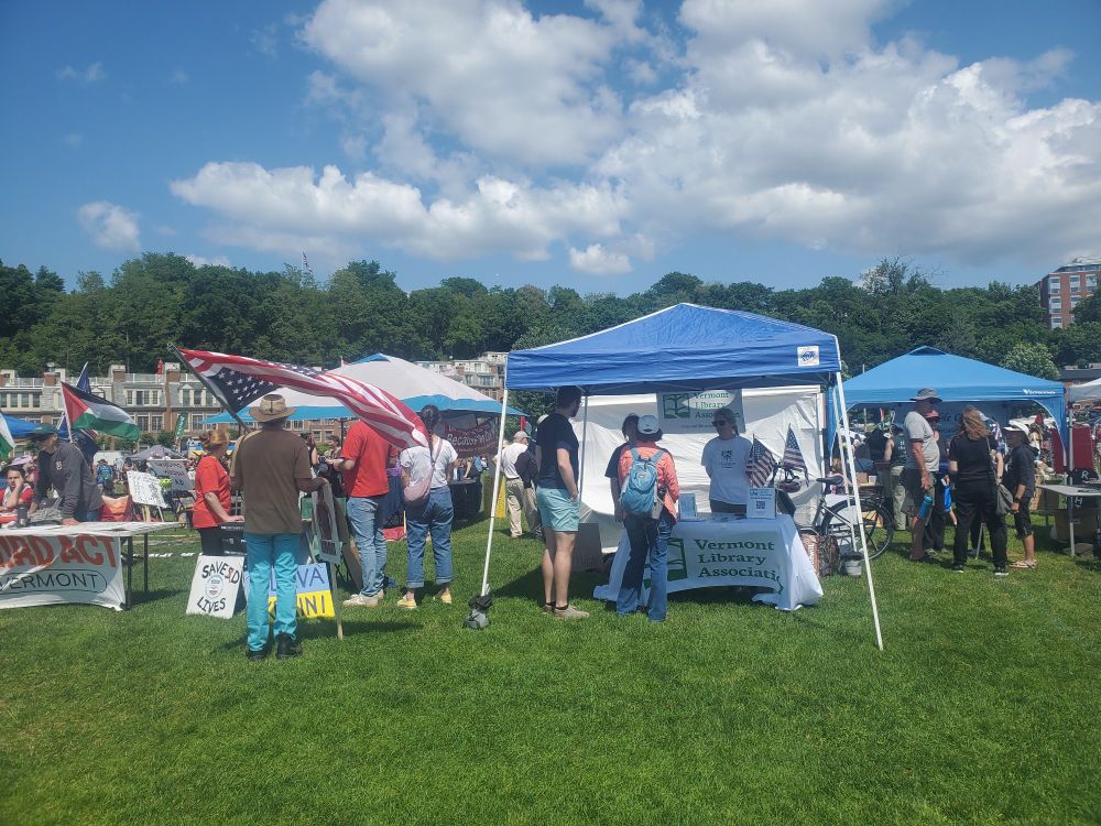 Vermont Librarians pop up tent at No Kings protest 6/14/2025