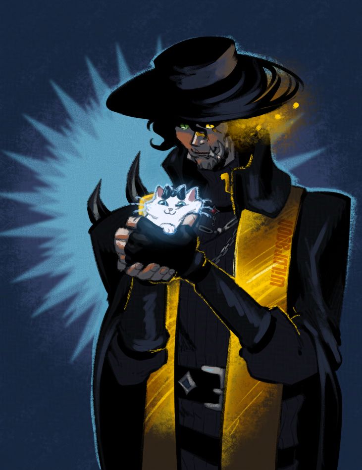 Alva Lorenz from IdentityV in his "Gold Foil" skin. He's holding fondly Iridescence's  little white cat.