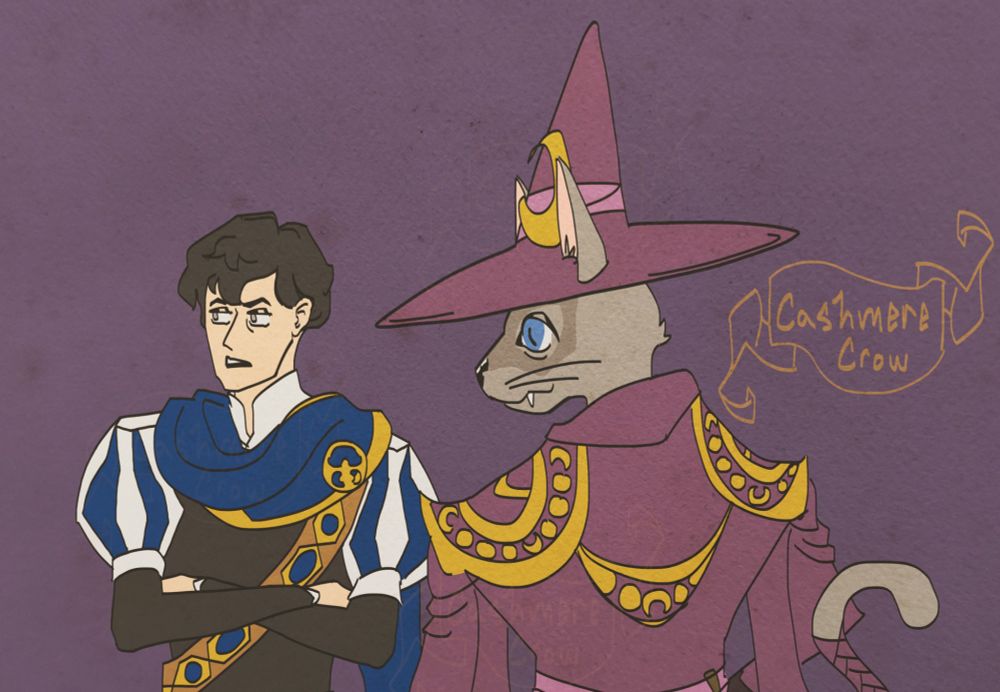 Selius and Rudolfus from the Trine/Nine Parchment series of games looking off frame.