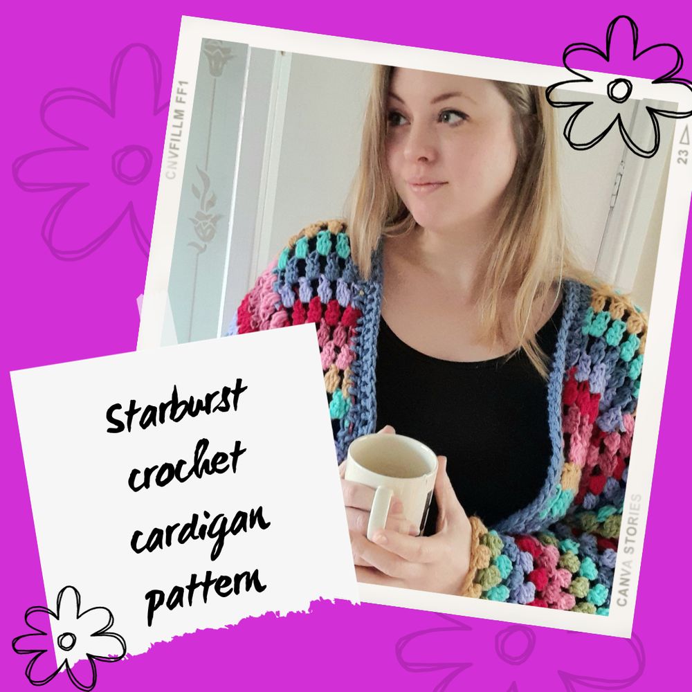 free crochet pattern. This image shows the starburst cardigan. It is a multicoloured crochet cardigan using bobble stitch. 