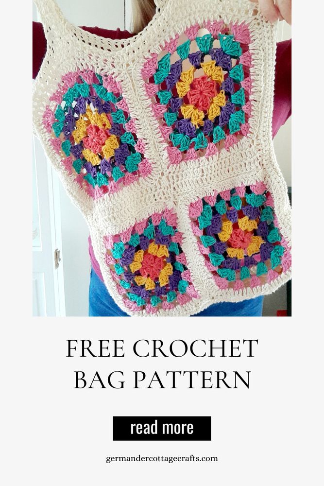 Free crochet pattern for a granny square tote bag. Image shows a granny square tote bag made using cotton yarn. 