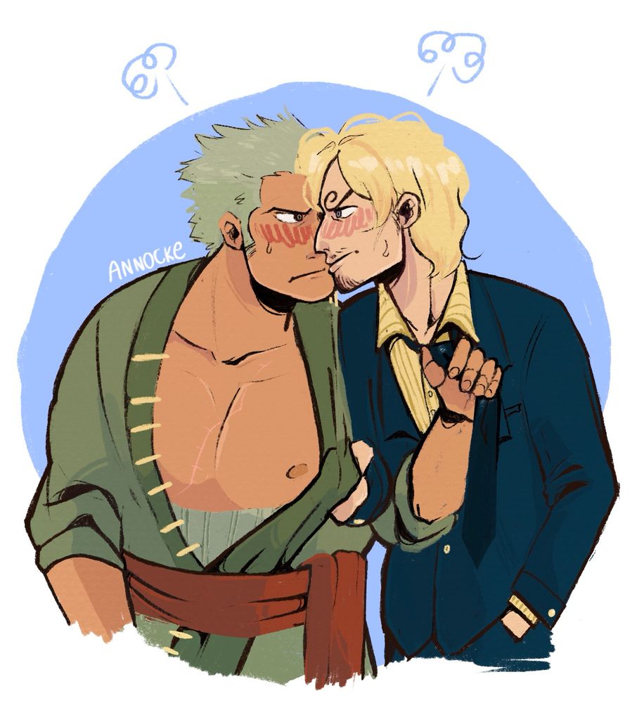 Zoro and Sanji, they are challenging forehead to forehead. Their expressions are embarrased with frowns and blush. Zoro is holding into Sanji’s tie when Sanji is holding into Zoro’s edge of robe.