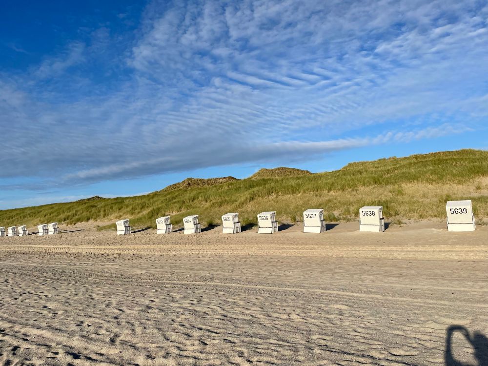 Strandbild Richtung Dünen mit einer geordneten Strandkorbreihe von links nach rechts mit blauem Himmel mit Wölkchen.