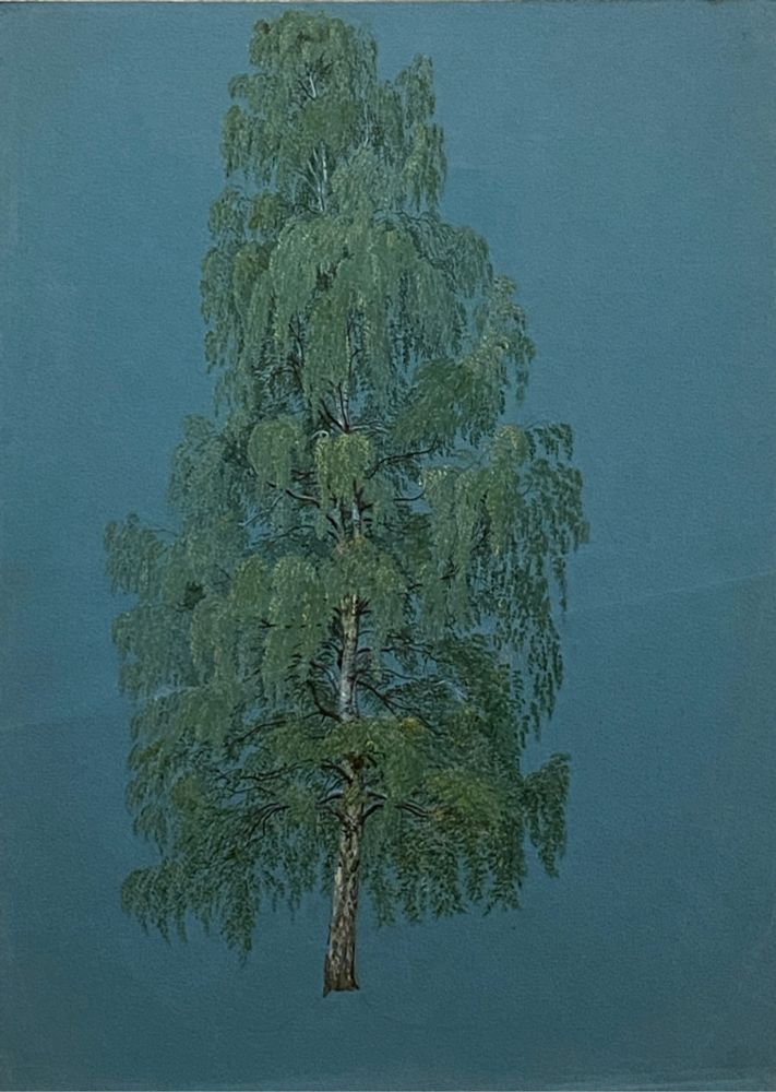 A drawing on brilliant blue paper of a birch tree executed in graphite, pen and ink and watercolour. The tree’s leaves are a vibrant shade of green, with white highlights and dark shading across the tree bark. 