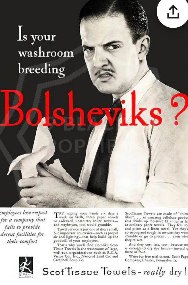 The ad, depicting a disgruntled worker contemplating revolution while drying his hands on corporate’s cheapo towels 