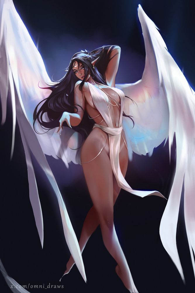 rendered artwork of a brown-skinned elf, she is wearing a slinky white dress and appears to be suspended in the air, left arm up in her dark hair. She has white, pearlescent wings and she appears to be dripping moonlight. There's an upside down crescent moon on her forehead, and she has a sultry look on her face