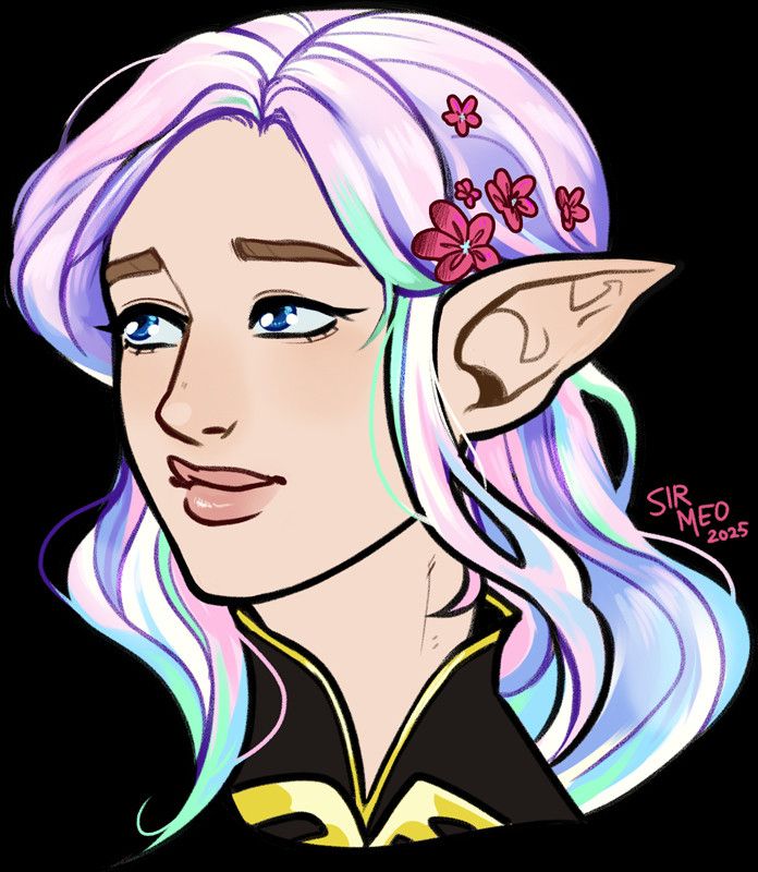 An elf with pastel rainbow hair and pink flowers in her hair by sirmeo