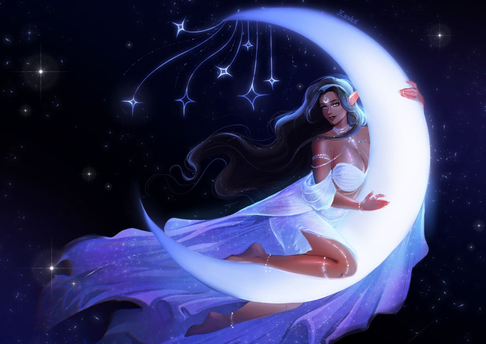 A girl in a shining long dress is sitting on the moon. Her hair is blowing in the wind.