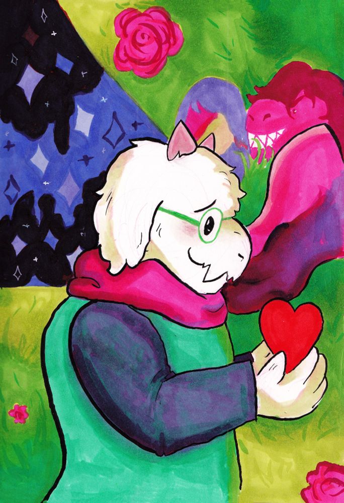 A marker drawing of Ralsei from Deltarune. He stands in profile, holding the HEART in his hands and looking at it with love and longing. His scarf blows in the wind. Most of the background is a grassy green, with flowers. Behind Ralsei's head, crude blocky renditions of Susie and Kris peek out. To the back of Ralsei is a beam of blue/purple darkness, shot through with stars. 