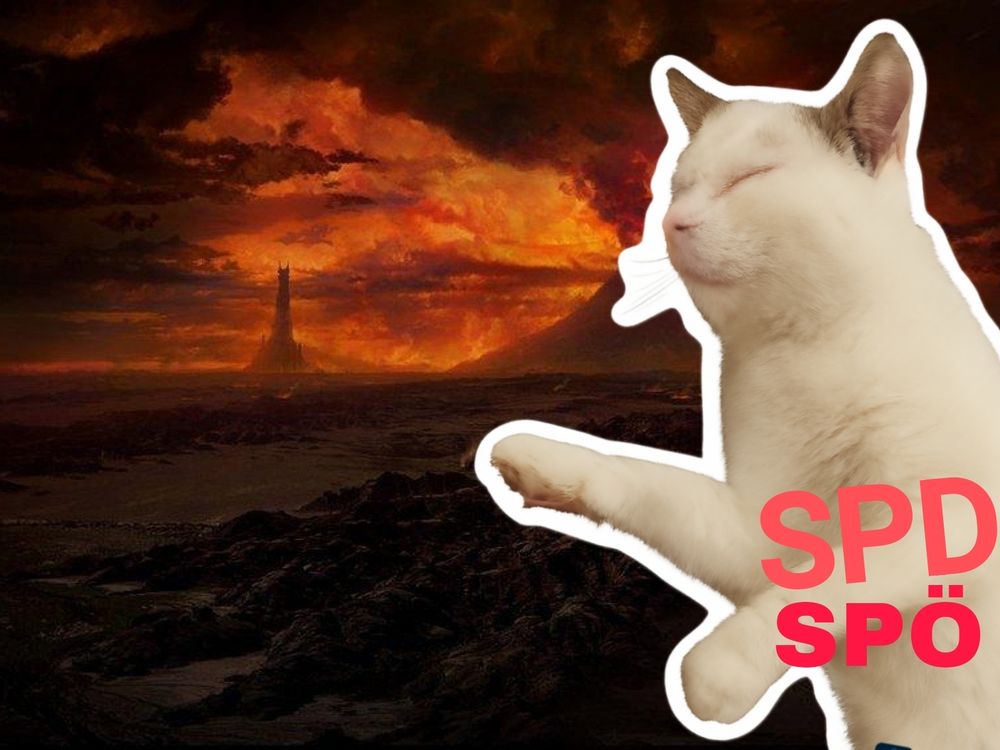 Weiße Katze irrt in Mordor umher. Die Augen geschlossen. Die Katze symbolisiert die Politik der Sozialdemokratie, die ihre Werte am falschen Ort sucht. 