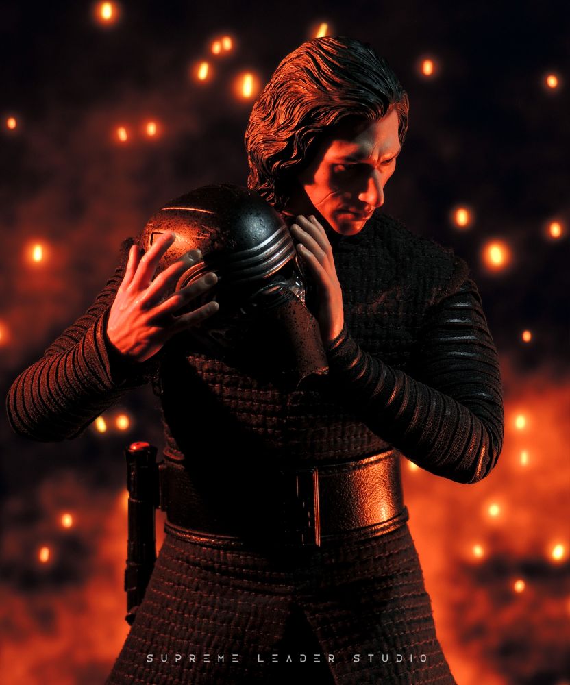 1:6 Scale Star Wars Hot Toys, Kylo Ren holding his helmet with sparks and smoke in the background. Toy Photography by Supreme Leader Studio - www.instagram.com/supremeleaderstudio