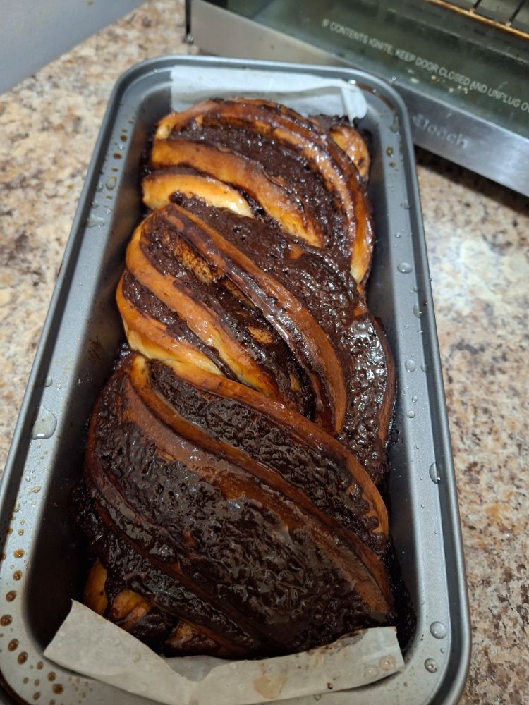 A second delicious looking freshly baked chocolate babka.