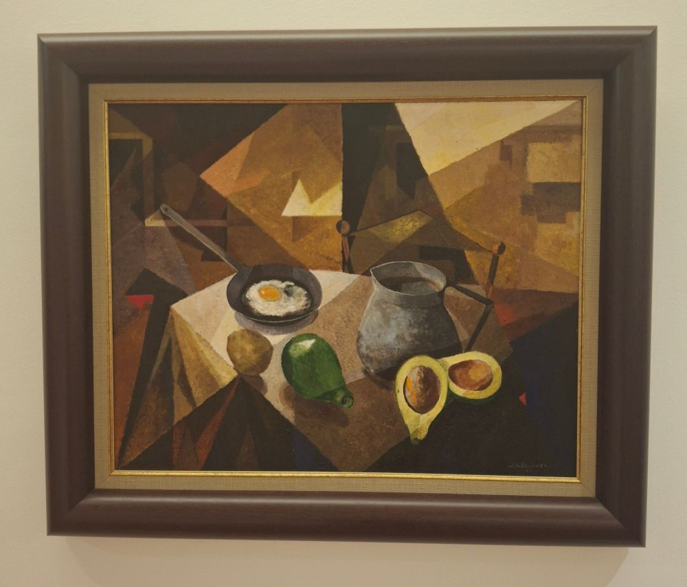 A geometric classical style oil painting of a fried egg in a pan, a cut open avacado and pot of coffee. A very Puerto Rican breakfast.