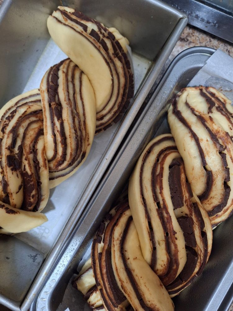 Two unbaked chocolate babkas in loaf pans. 