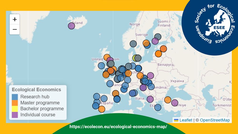 A map of Europe with many small multi-coloured circles layered on top. A legend titled Ecological Economics lists the colours and research hub, master programme, bachelor programme, and individual course. A logo of the European Society for Ecological Economics is in a corner, and a website URL is at the bottom: https://ecolecon.eu/ecological-economics-map/