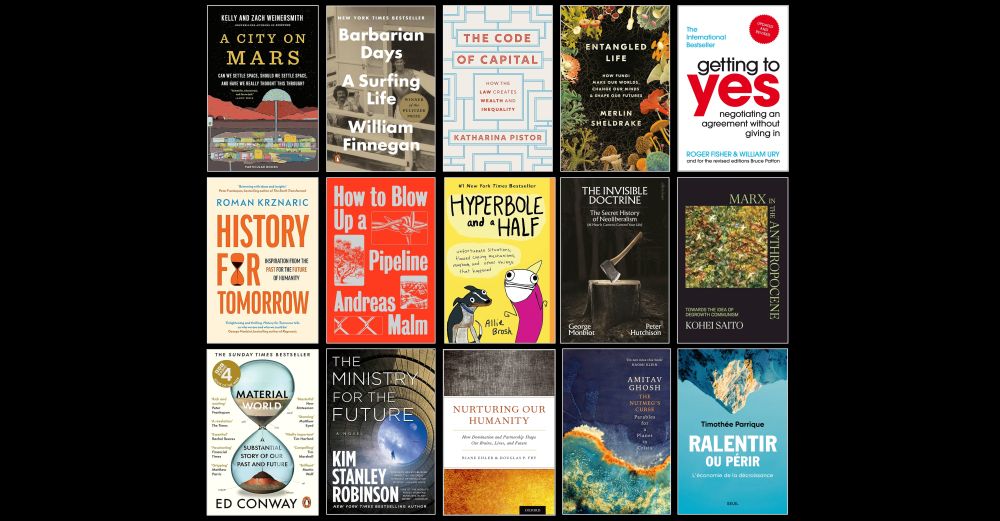 A collage of 15 book covers on a black background