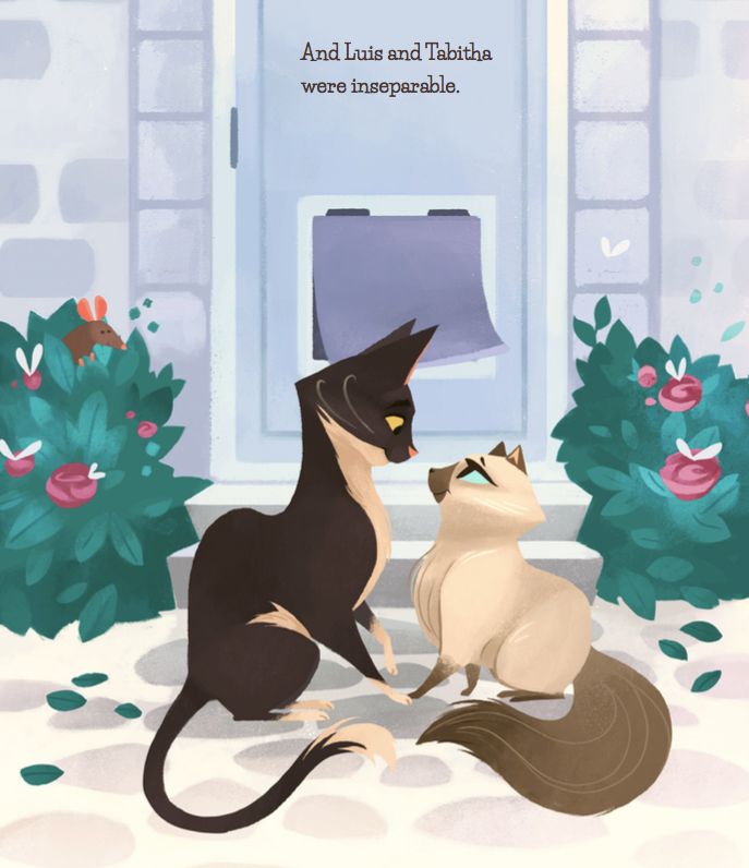 Luis and Tabitha staring lovingly at each other. There's a door with a catflap in the background, and the text "...and Luis and Tabitha were inseparable"