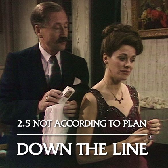 Image shows two of the main lead characters from Secret Army, Albert and Monique. Albert is about to hand Monique a box of perfume. The podcast name, Down the Line is written on the image.