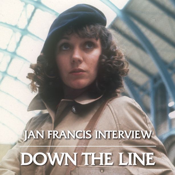 Image of the actress Jan Francis in the 70s tv show Secret Army. She’s wearing her trademark beige jacket and beret - and looking slightly upwards, past the camera 