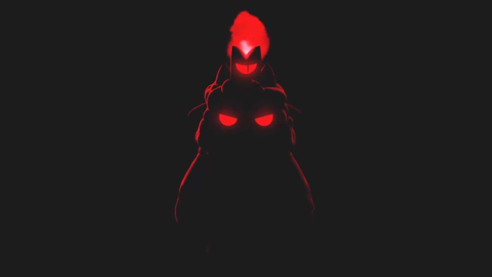 The Lamb from Cult of the Lamb, portrayed in the character design style of Party Animals, in a greyish black void, illuminated only by a red outline, their glowing red eyes and their crown.