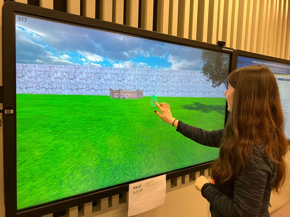 Leoma playing the virtual environment game on a large touchscreen. The game consists of a grassy, walled arena with a tree, a fence, and a grape. Leoma is tapping on the grape to move towards it.