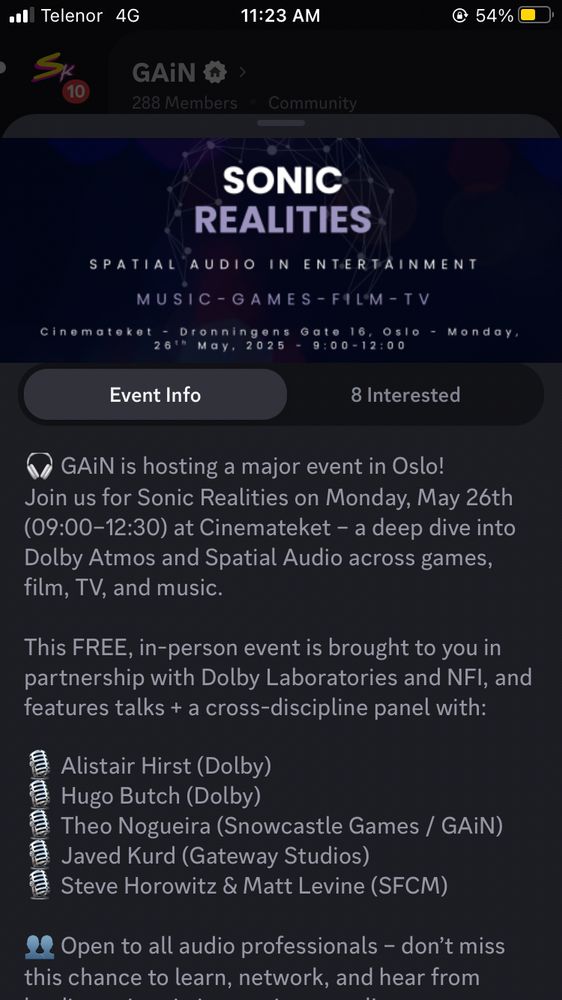 Event information from a Discord Event, featuring lecturers from Dolby, GAiN, and SFCM.