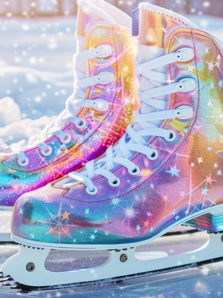 A pair of figure ice skates. They are a subdued pride colors with sparkling stars. White skate laces. They reflect off the ice. The background behind them is blurred. 