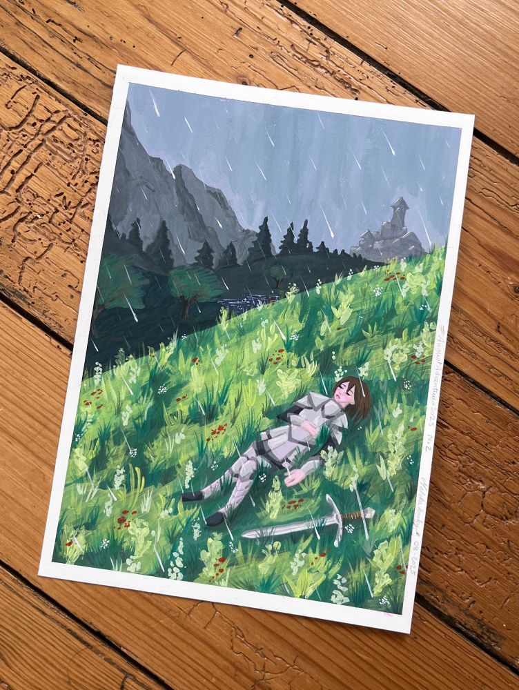 Participation au challenge artistique «augustadventures ». Illustration entièrement à la gouache d’une femme chevalière, allongée au premier plan dans un pré fleuri. Son épée est posée à côté d’elle dans l’herbe. Elle a les yeux fermés et semble détendue. En arrière plan on peut distinguer d’abord des arbres, un petit lac, une rangée de conifères puis un château et des montagnes. Il pleut et le ciel est gris.