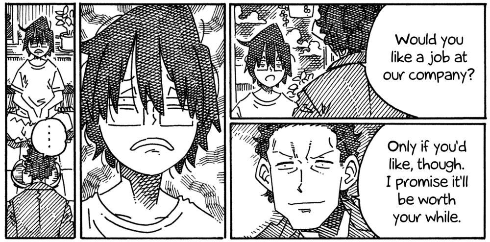 a CEO offers a job to a NEET, who gives him a pained look