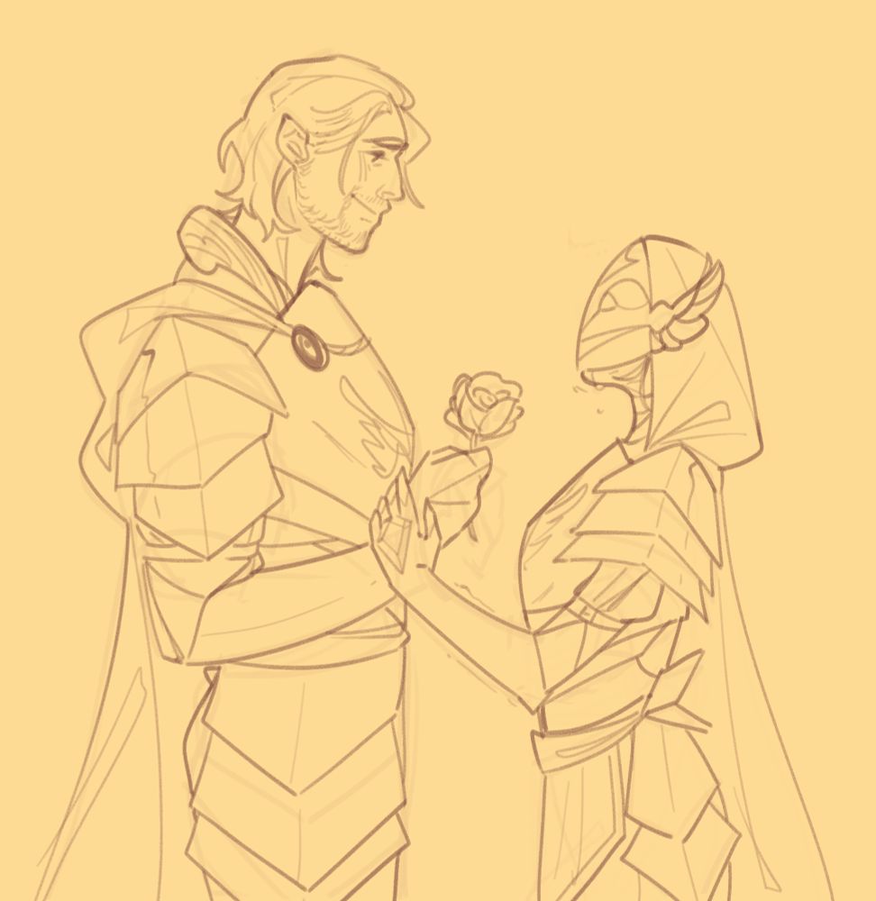 Alistair Theirin and Warden Mahariel fighting the Blight during the events of DAV. She's devastated for all the shit happening in Thedas and still can't find a cure after so many years, leaning her to think after so many tries that there's only sacrifice and pain in her path.
Then, Alistair appears. "For you", he said. "My light in the darkness. My love. My vhenan."
It was like the first time he gave that rose to her, so many years ago.
She can't talk, behind her mask only sees a blighted and corrupted face and body, but she started crying, and she remembered why she pushes forward.