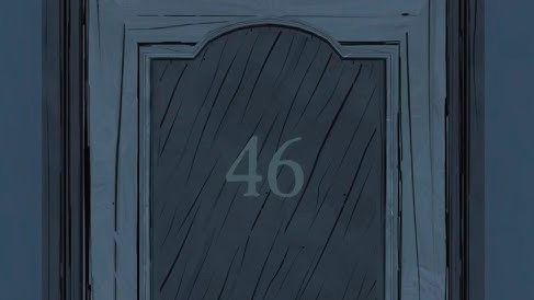 A blue wooden door with the number 46 written on it.