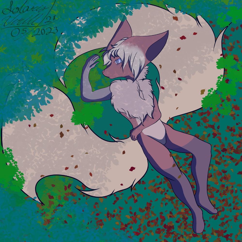 Sona laying on back with head on their side. Laying in grass and autumn leaves.